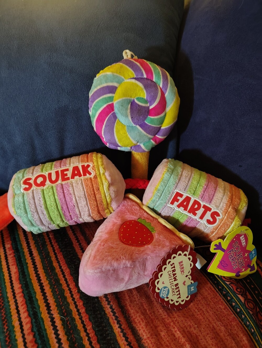 NWT BarkBox Dog Toy Lot of 3- Straw-Betty Cheesecake, Squeak&Fart Candy & Lolly